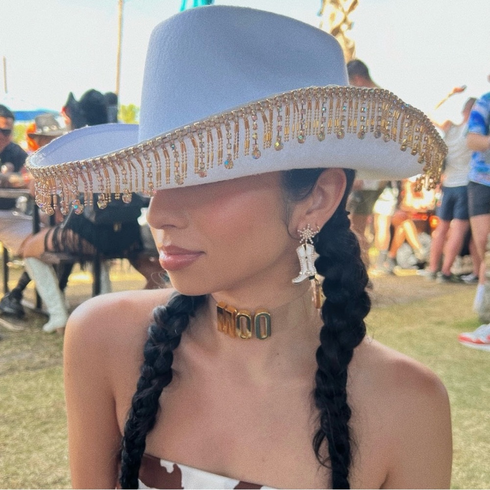 White Cowboy Hat with Gold Fringe